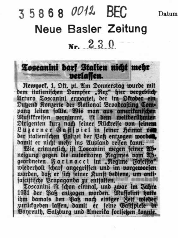 Toscanini ist erklärter Gegner des Faschismus und wendet sich von den Festspielen in Bayreuth und Salzburg ab